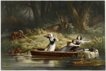 Gevangenneming van de dochters van Daniel Boone en Richard Callaway door de Indianen, uitgegeven 1852