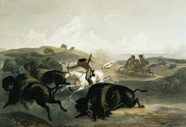 Indianen op bizonjacht, plaat 31 uit deel 2 van «Reizen in het binnenland van Noord-Amerika», gegraveerd door Carl Vogel (1816-51), 1844