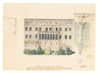Een ontwerp voor een nieuwe trap voor de noordgevel van het Schloss in Stettin, met een aanvullende studie van de loggia, een dwarsdoorsnede van de gevel en een halfzuil, ca. 1840