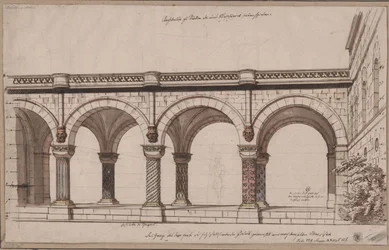 Ariodant. Opera van Étienne Nicolas Méhul. Ontwerp voor het 1e decor. Arcadengang / Een galerij