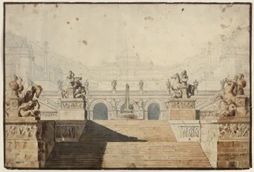Armida. Opera van Christoph Willibald Gluck. Ontwerp voor het 1e decor. Paleis met trappencomplex