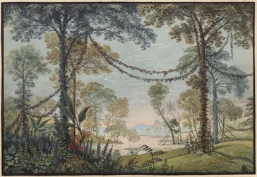 Armida. Opera van Christoph Willibald Gluck. Ontwerp voor het 3e decor. Met guirlandes versierd bosje aan de oever van een meer