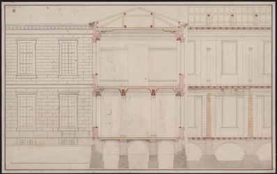 Berlijn. Academiegebouw Unter den Linden. Gedeeltelijke opstand van de gevel, detail van gedeeltelijke lengtedoorsnede en dwarsdoorsnede