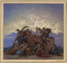 Berlijn. Altes Museum aan de Lustgarten. Ontwerp voor het muurschildering "Rouw bij de tumulus"