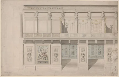 Berlijn. Schouwburg op de Gendarmenmarkt, concertzaal. Aanzicht van de langsgevel