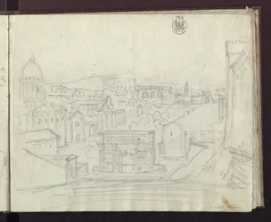 Uitzicht vanaf het Capitool in Rome naar het oosten over het Forum met de boog van Septimius Severus