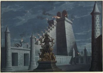 Fernand Cortez, of: De verovering van Mexico. Opera van Gaspare Spontini. Ontwerp voor het 1e decor. Indiaanse vuurtempel