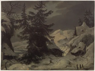 Graaf Benjowski, of De samenzwering op Kamtsjatka. Toneelstuk van August von Kotzebue. Ontwerp voor het 2e decor. Dorp met sneeuwlandschap