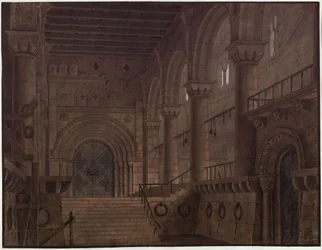 Koning Yngurd. Treurspel van Adolf Müllner. Ontwerp voor het 5e decor. Zaal in de toren met de Doodspoort