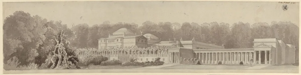 Potsdam-Sanssouci. Antiek landhuis bij Slot Charlottenhof. Perspectivisch aanzicht vanuit het noordoosten
