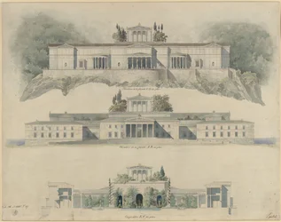 Paleis Orianda op de Krim. Classicistisch ontwerp. Aanzicht van de zee- en landzijde, doorsnede van de keizerlijke hof met het Museum van de Krim en de bekronende tempel