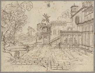 Voorplein voor een kerk met een monument