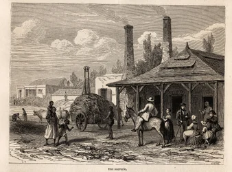 Een suikerfabriek aan de Riviere du Rempart, Mauritius. Illustratie van Alfred Verney