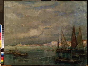 Zicht op Venetië met zeilboten
