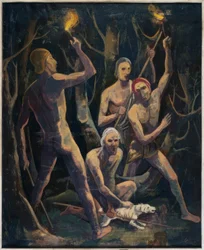 Mannen met fakkels in het bos