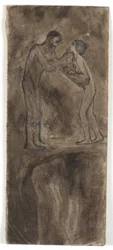 Compositieschets, naakte man en vrouw met kind. Onderaan, ondersteboven, naakte figuur