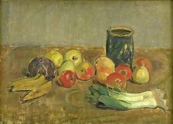 Stilleven. Appels, prei, bananen en groene pot