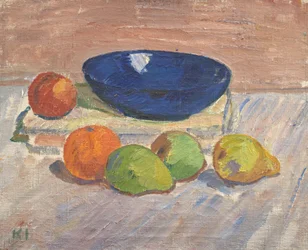 Stilleven met blauwe kom en fruit