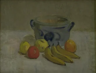 Stilleven met grijze pot, appels en bananen