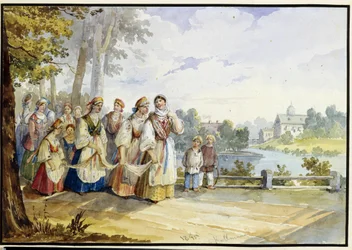 Russische boerinnen in feestjurk