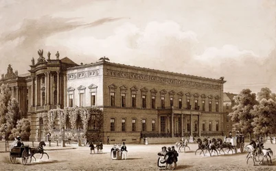 Unter den Linden, Berlijn. Het paleis van prins Wilhelm, gebouwd door Karl Langhans in 1834-36, en de Koninklijke Bibliotheek, gebouwd door Georg Christian Unger 1775-78 volgens plannen van Josef Emanuel Fischer von Erlach, met uitzicht op de Platz am Oper