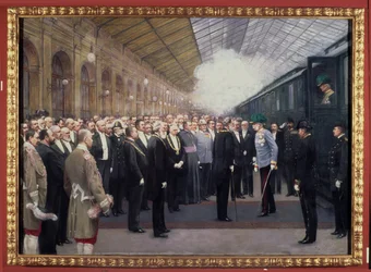 Ontvangst van keizer Franz Joseph I van Oostenrijk (1830-1916) op het Staatsspoorwegstation ter gelegenheid van de Annexatie van Bosnië en Herzegovina, 31 oktober