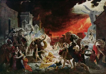 De Verwoesting van Pompeii in 79 AD (kleur litho)
