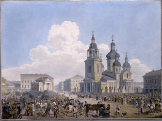Het hooi-marktplein en de Maria-Tenhemelopnemingkerk in Sint-Petersburg
