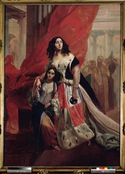 Portret van gravin Julia Samoilova en haar stiefdochter Amazillia Pacini die een bal verlaten. Schilderij van Karl Pavlovich Briullov (1799-1852)