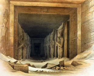 Gigantische kalkstenen beelden van Ramses II (Ramses - 1304-1237 v.Chr.). Litho naar Karl Richard Lepsius (1810-1884) Pruisisch egyptoloog. Elk van hen houdt een staf en een vlegel vast, symbolen van het koningschap.