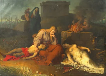 Hecabe met de lichamen van haar kinderen Polyxena en Polydoros bij het graf van Achilles
