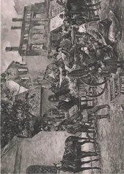 Oost-Pruisische vluchtelingen die naar huis terugkeren, rustend op het marktplein in Tapiau, illustratie uit Hindenburg uitgegeven door Daterlandischer Derlag C U Weller Berlin