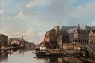 Een capriccio uitzicht op een Nederlandse stad langs een rivier