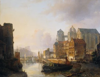 Denkbeeldig uitzicht op een rivierstad met de kathedraal van Aken