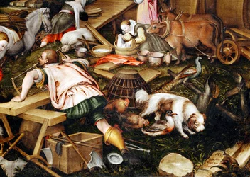 De dieren gaan de ark van Noach binnen ... (schilderij op doek)