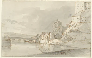 Riviergezicht met boogbrug en fortificaties op de rechteroever