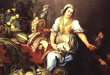 Keuken Stilleven met Fruit, Groenten en een Meisje dat een Kip Vasthoudt
