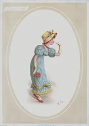 Meisje in blauwe jurk, met strohoed, roos vasthoudend