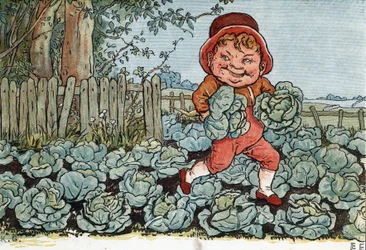 Een kabouter steelt kool uit een moestuin. Illustratie van Kate Greenaway (1846-1901) uit het boek met verhalen en kinderrijmpjes voor kinderen «Under The Window» (1879), uitgegeven door Edmund Evans.