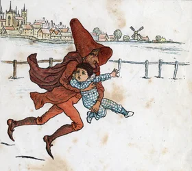 Een kabouter neemt een klein kind mee. Illustratie door Kate Greenaway (1846-1901) uit het kinderboek 