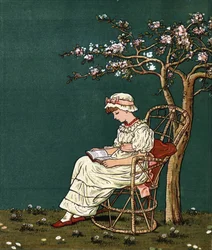 Een klein meisje leest onder een sering. Illustratie door Kate Greenaway (1846-1901) uit het boek met verhalen en kinderrijmpjes 