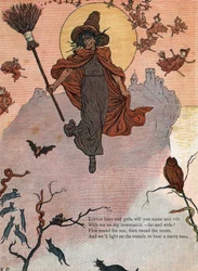 Een heks en haar bezem, omringd door zwarte katten, een vleermuis en een uil. (Kleine jongens en meisjes, komen jullie met mij mee op mijn bezemsteel rijden?) Illustratie van Kate Greenaway (1846-1901) uit het boek met verhalen en kinderrijmpjes voor