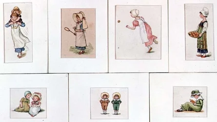 Collectie miniatuur aquarellen van spelende kinderen