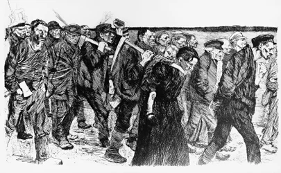 Demonstratie van arbeiders, illustratie van Käthe Kollwitz voor de opera Die Weber