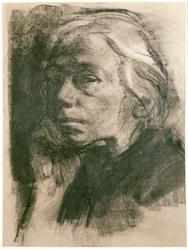 Kaethe Kollwitz, zelfportret (houtskool op papier)