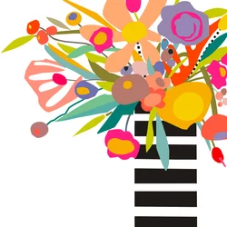 Bloemen en strepen 2, 2024 (digitale illustratie van originele collage op houten paneel)