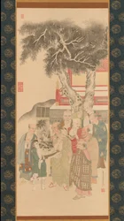Tien Rakan die een schilderij van de Witte Kannon onderzoeken