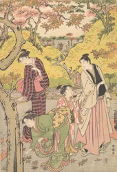 Een jonge man, twee jonge vrouwen en een meisje bij een picknick, ca. 1789