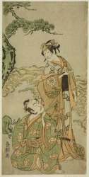 De acteurs Nakamura Nakazo I als Matsukaze (rechts), en Ichikawa Komazo I als Yukihira (links), in het stuk Kuni no Hana Ono no Itsumoji, uitgevoerd in het Nakamura Theater in de elfde maand, 1771