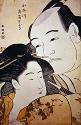 De Japanse worstelaar Onagawa en theehuismeisje Ohisa, ca. 1792